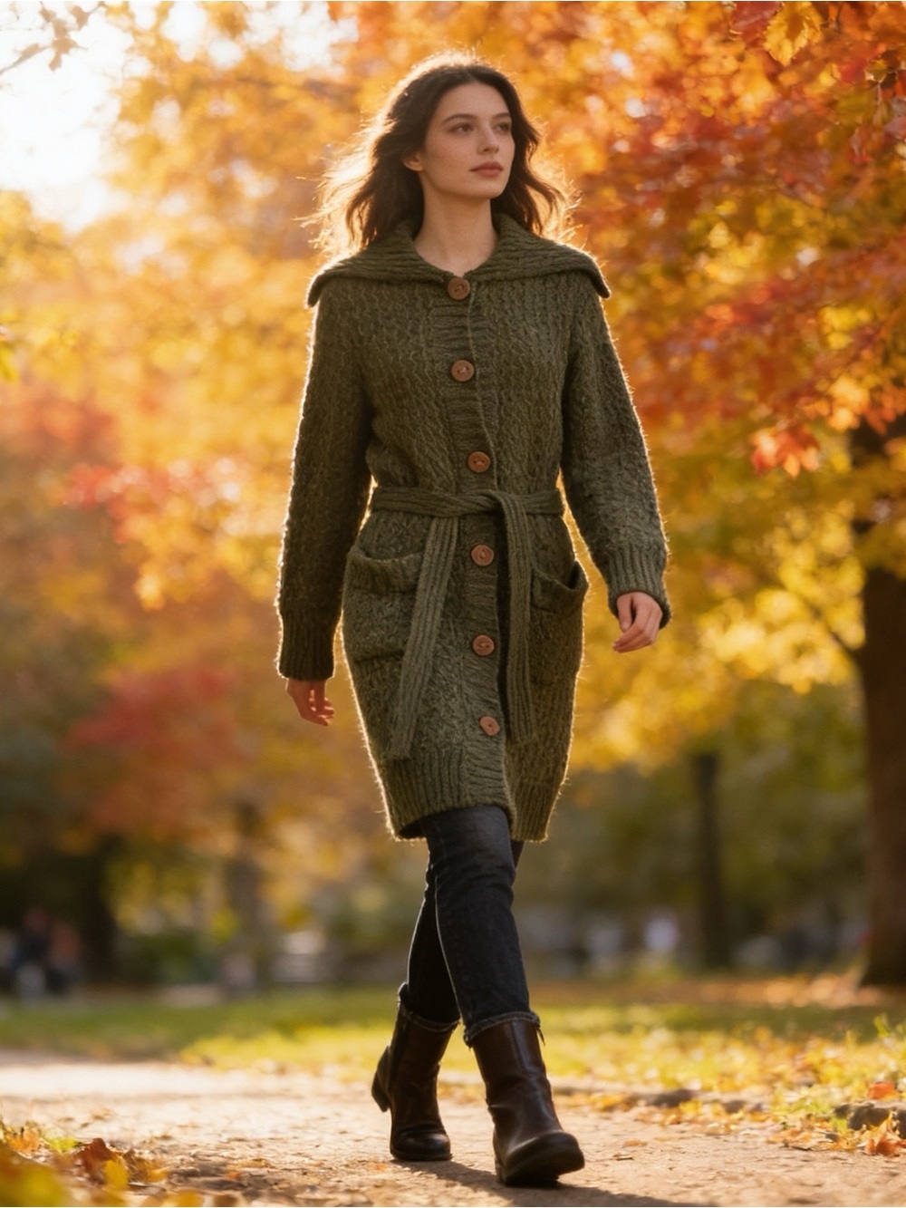 Jones New York Olive Green Cable-Knit Belted Cardigan